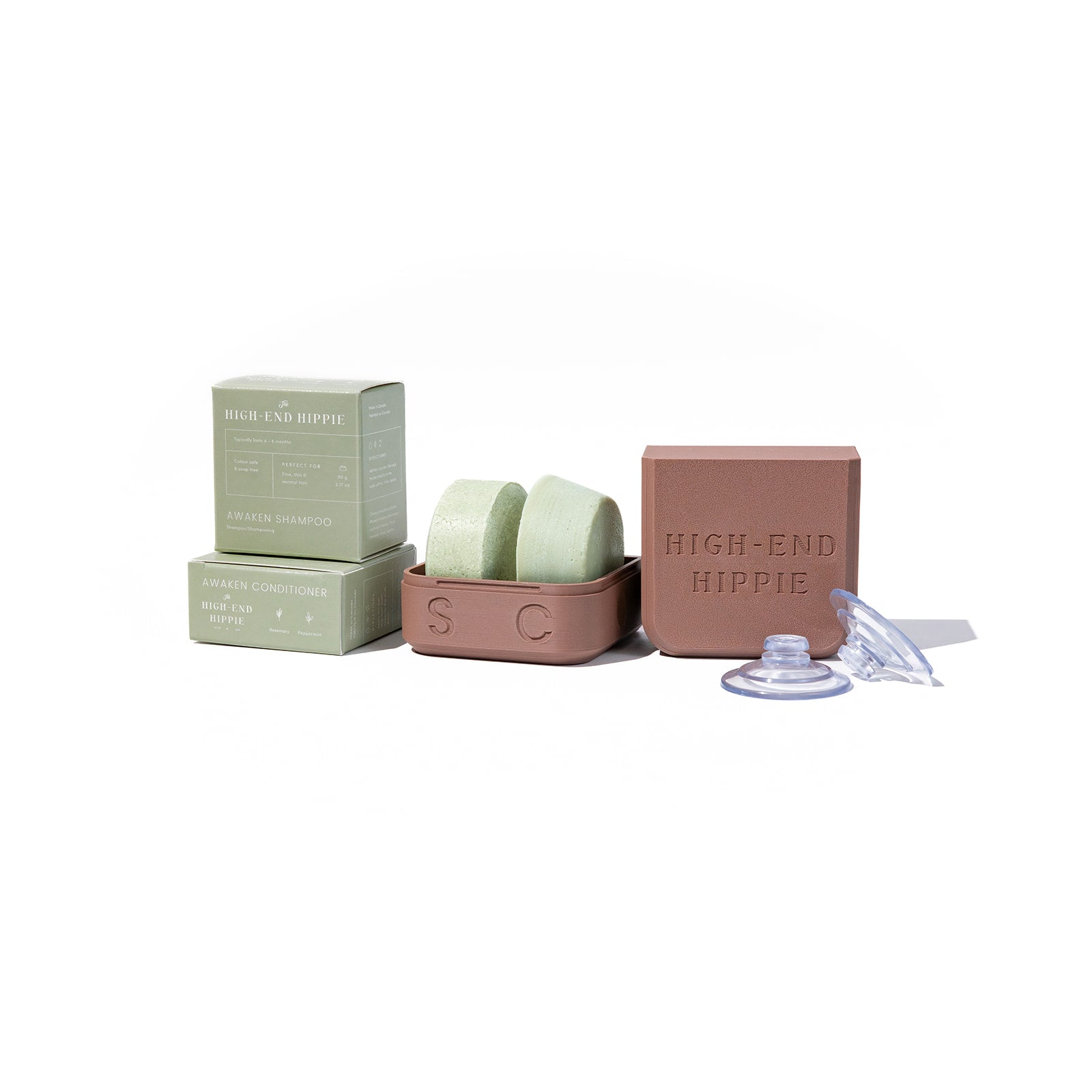 The Shower-to-Travel Bundle with HEH 2-in-1 Travel Case and Awaken shampoo and conditioner bars — hair therapy for fine and thin hair
