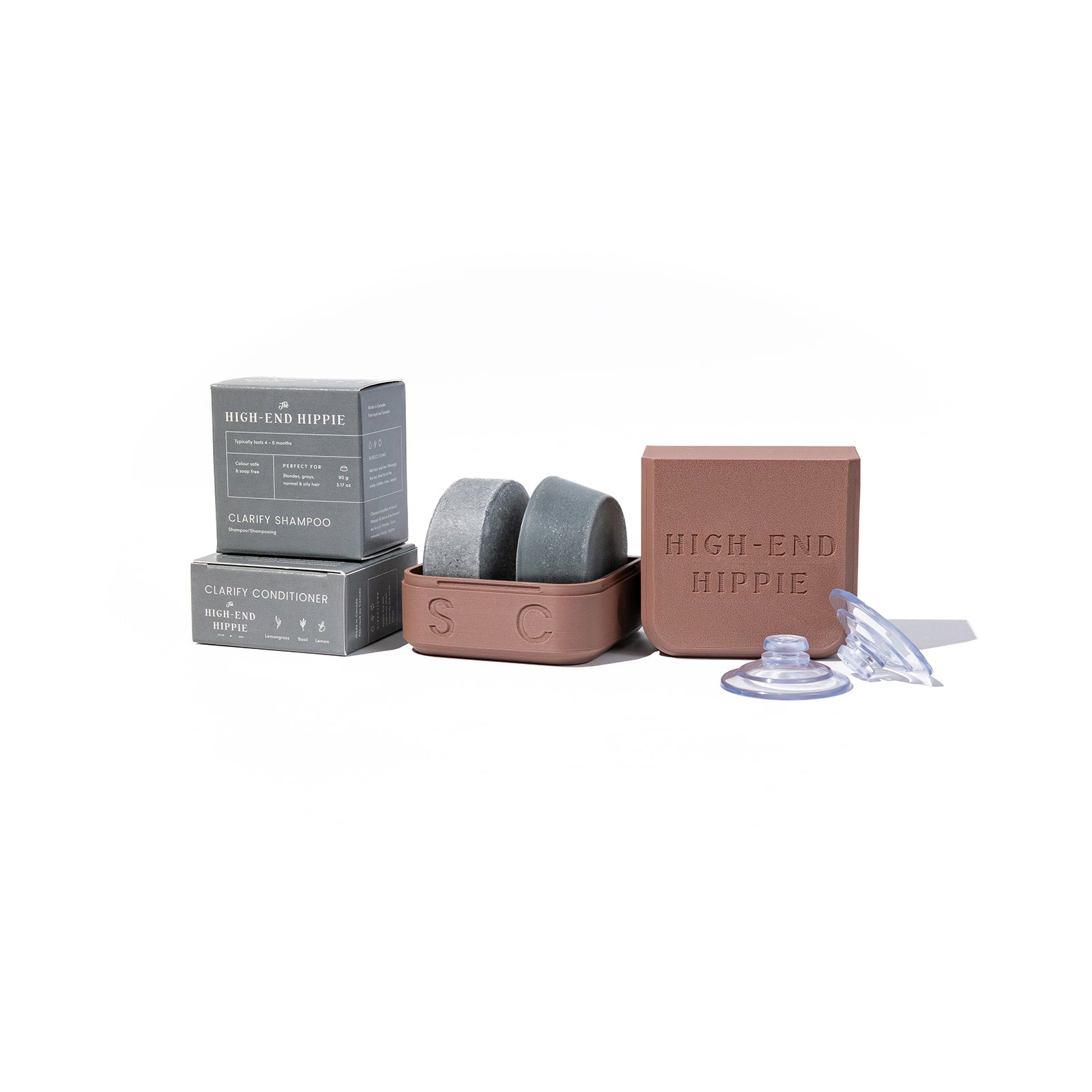 The Shower-to-Travel Bundle with HEH 2-in-1 Travel Case and Clarify shampoo and conditioner bars — hair therapy for blondes grays and oily hair