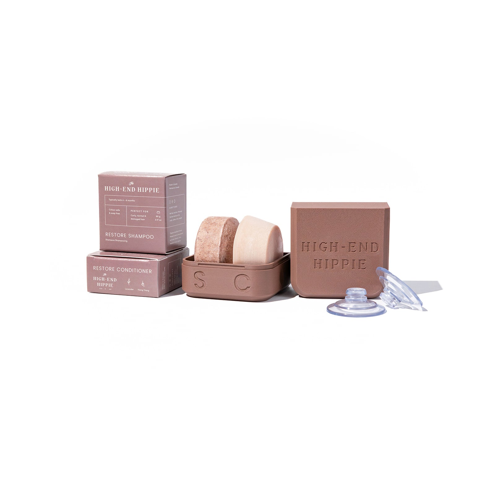 The Shower-to-Travel Bundle with HEH 2-in-1 Travel Case and Restore shampoo and conditioner bars — hair therapy for thick curly and damaged hair