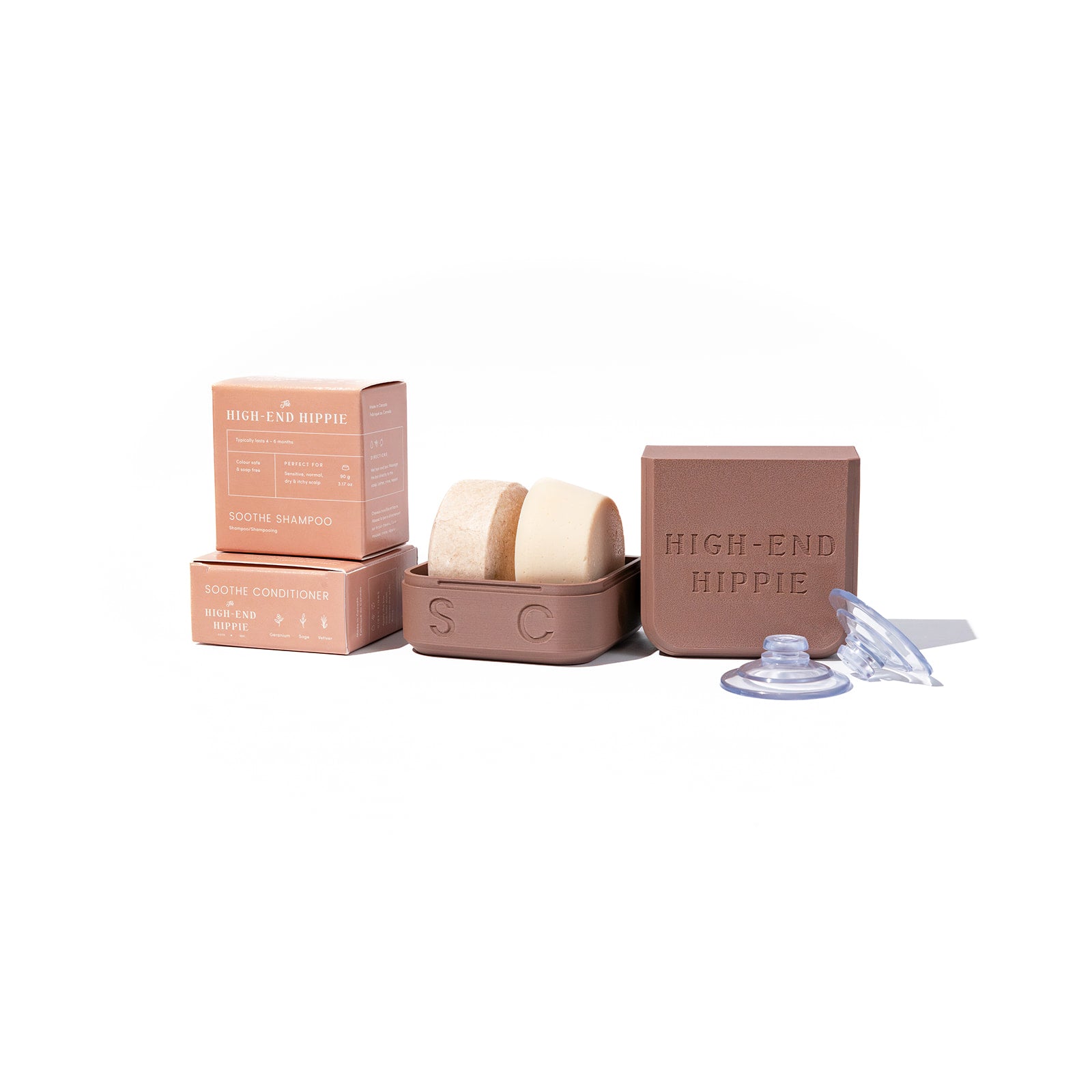 The Shower-to-Travel Bundle with HEH 2-in-1 Travel Case and Soothe shampoo and conditioner bars — hair therapy for sensitive and itchy scalp conditions