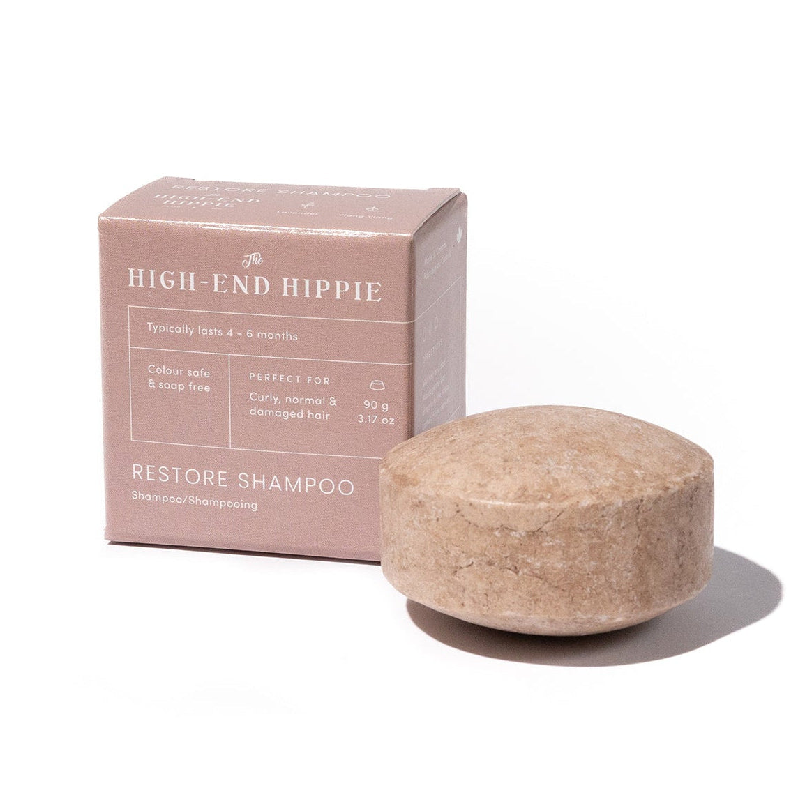 Full-size 90 g Restore Shampoo Bar, salon-grade hair therapy for dry, damaged and curly hair.