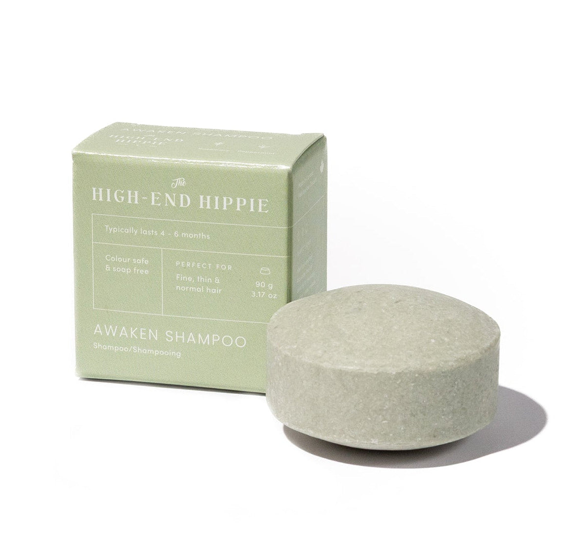 Full-size 90 g Awaken Shampoo Bar, a concentrated, residue-free shampoo for fine and thinning hair.