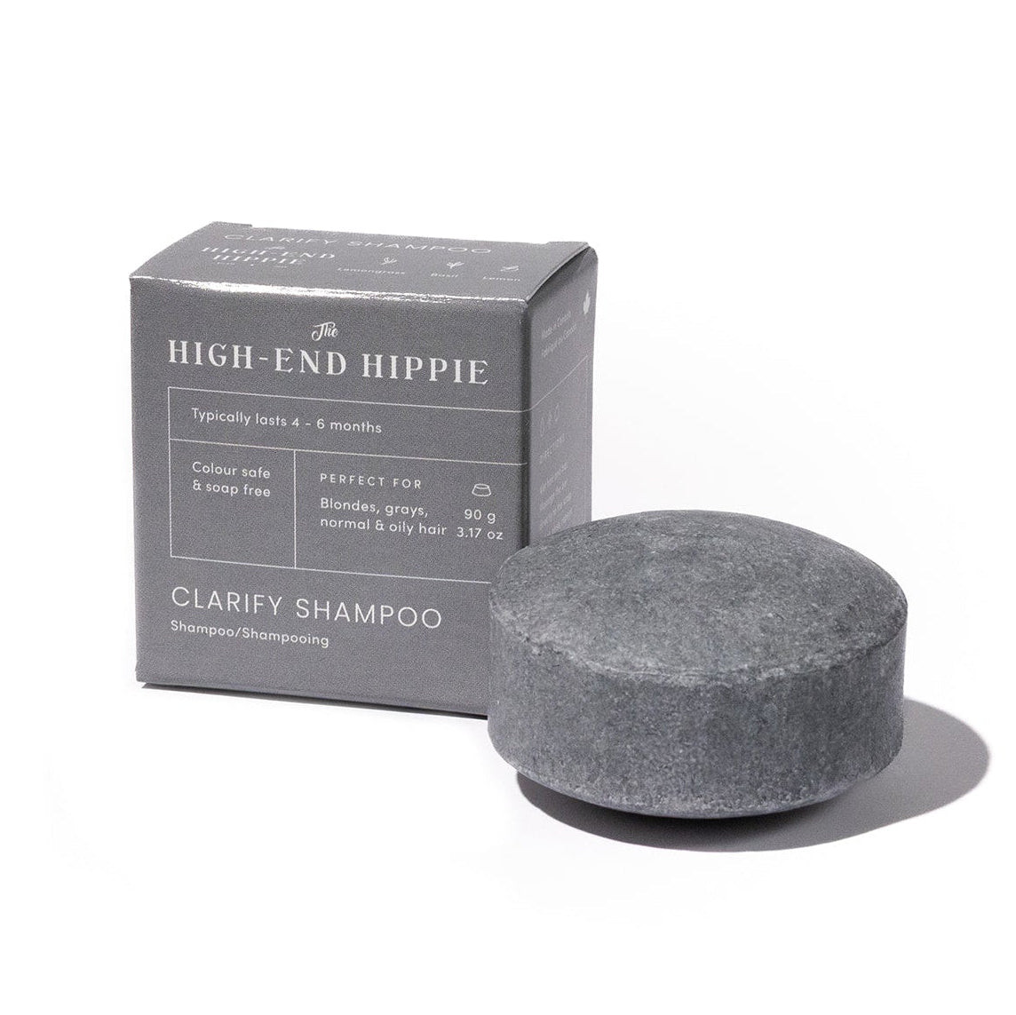Clarify Shampoo mini bar beside its grey box on white, for oily hair, blondes and greys.
