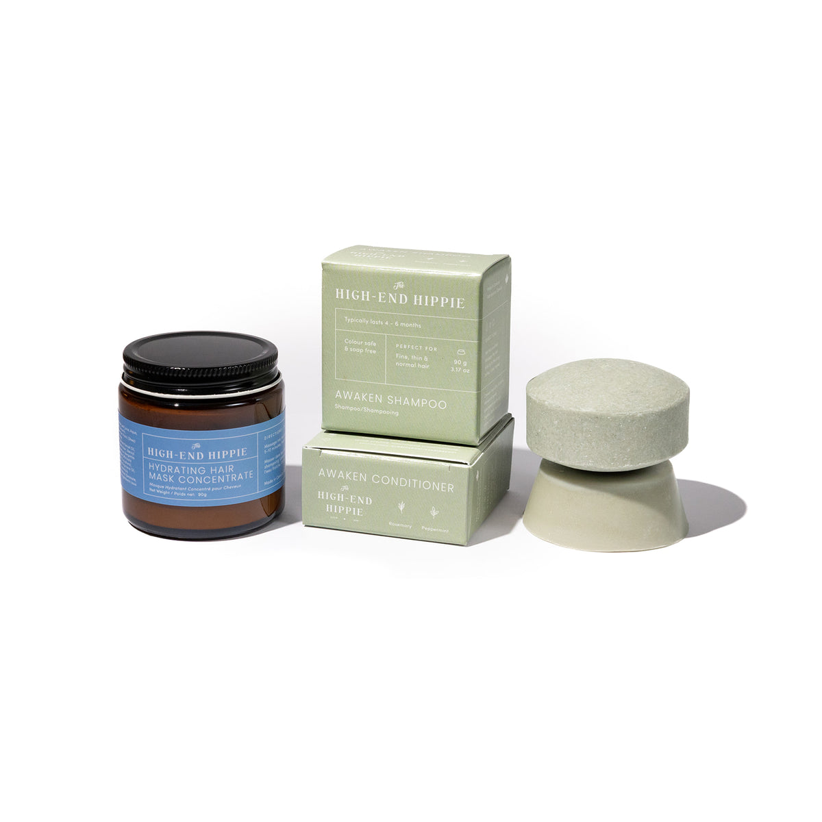The High End Hippie Awaken Shampoo and Conditioner Bars for fine, thin hair, paired with Hydrating Hair Mask Concentrate. Natural solid hair care set with rosemary peppermint bars and deep conditioning hair treatment.