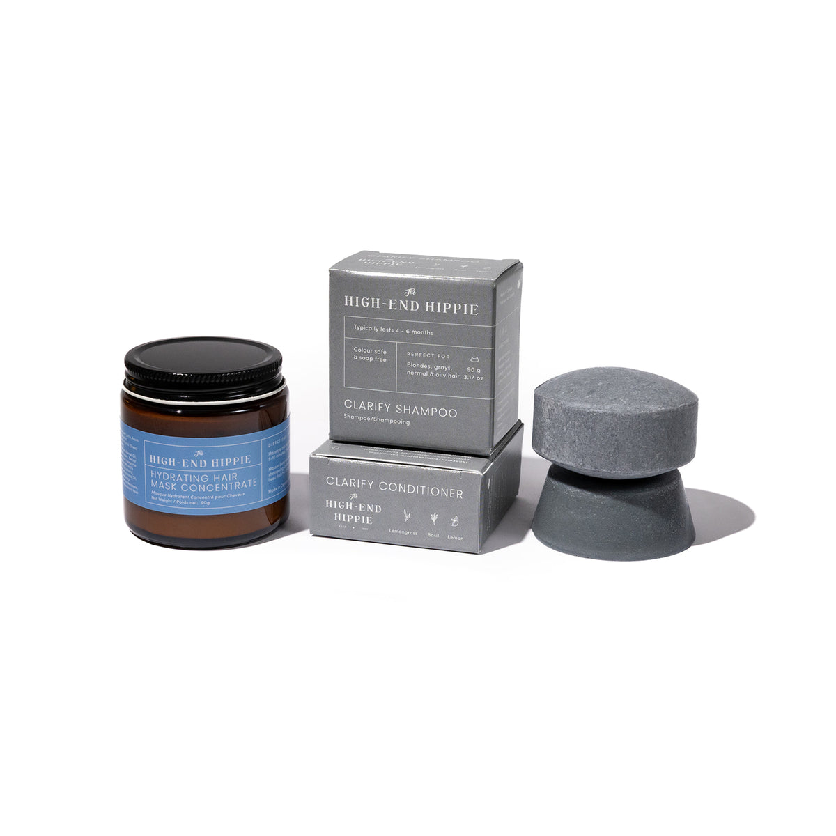 The High End Hippie Clarify Shampoo and Conditioner Bars for blonde, grey and oily hair prone to buildup, paired with Hydrating Hair Mask Concentrate. Solid hair care set for cleansing, hydration and protection.