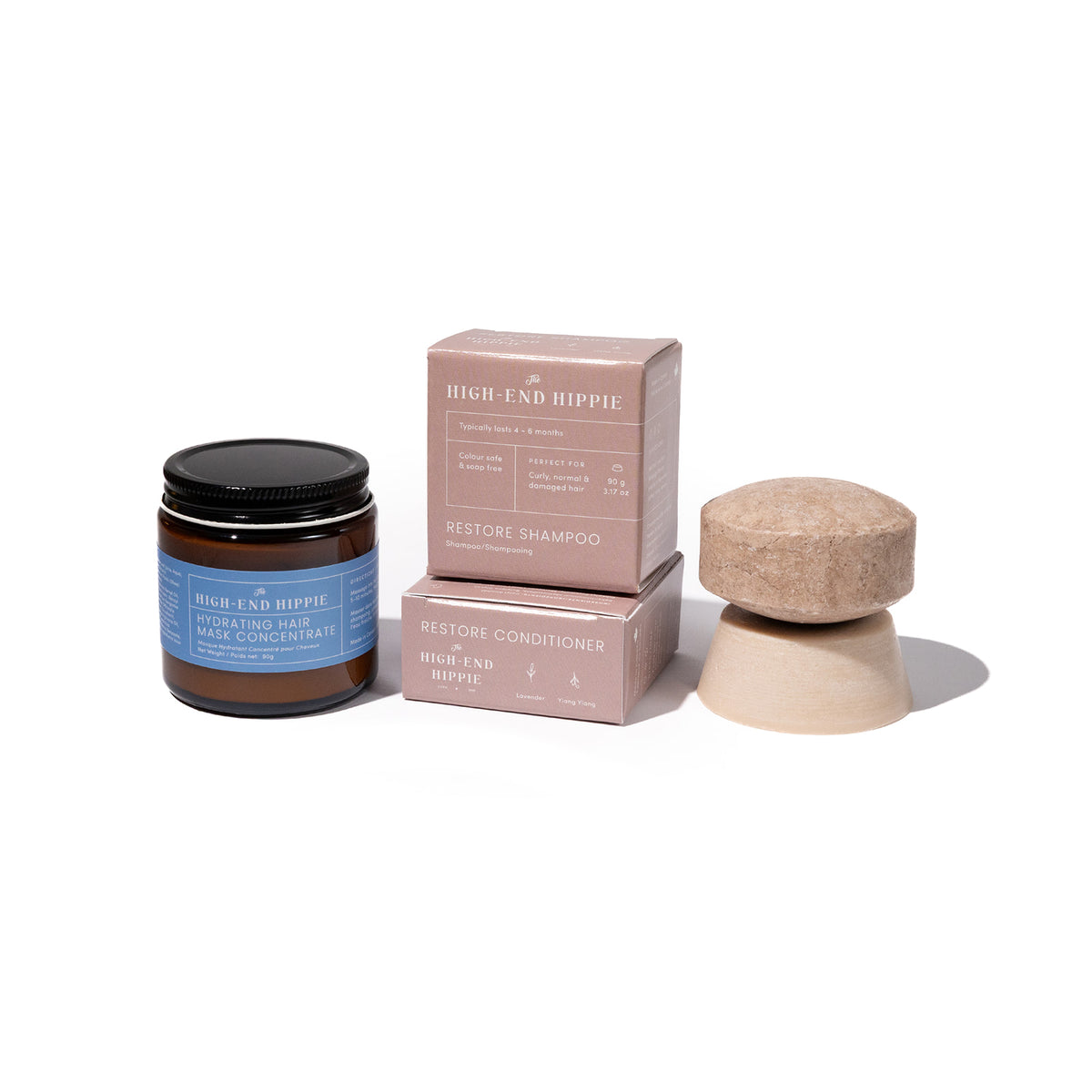 The High End Hippie Restore Shampoo and Conditioner Bars for dry, damaged and curly hair, paired with Hydrating Hair Mask Concentrate. Moisturizing solid hair care set designed for hydration, strength and protection.