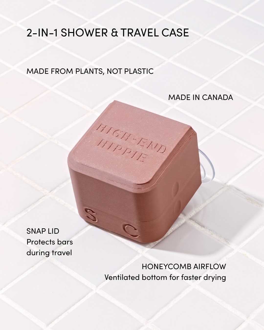 2-in-1 High-End Hippie shower and travel case for shampoo and conditioner bars, plant-based PLA, with snap lid and suction cups for wall-mounted storage