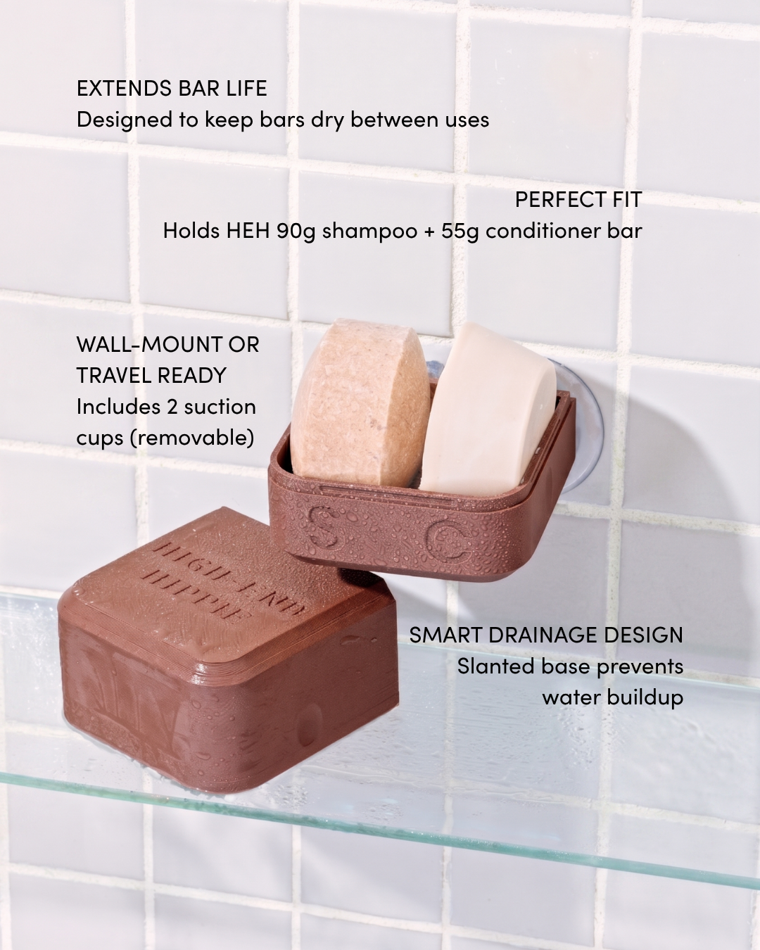 High-End Hippie Shampoo and conditioner bar travel case mounted in shower with suction cups, designed for drainage and airflow to extend bar life