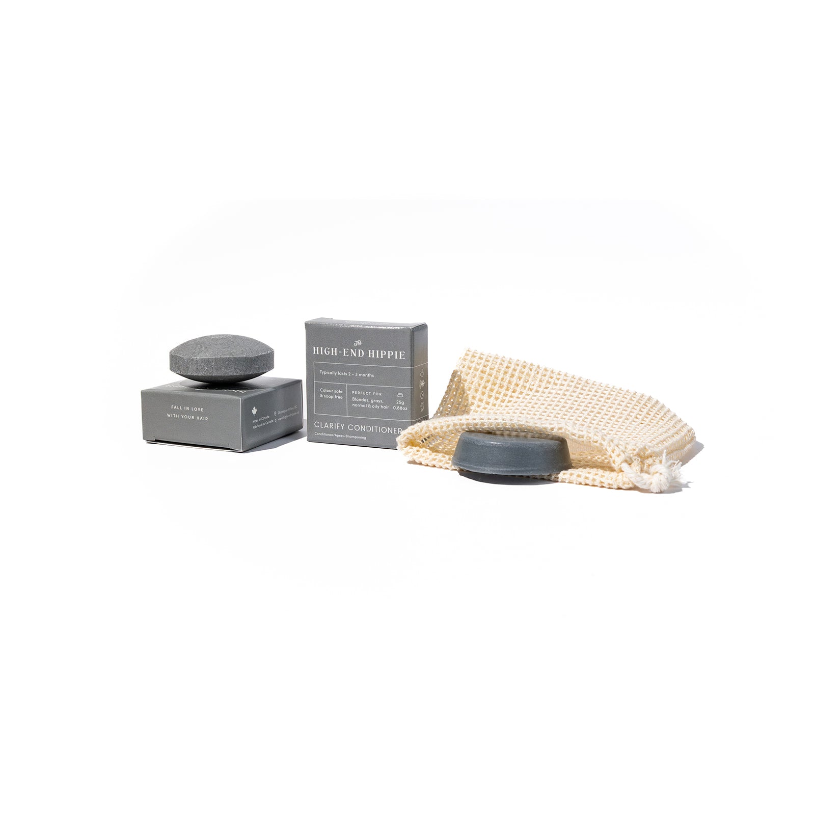 The Try Me Bundle with Clarify mini shampoo and conditioner bars and Zero Waste Shampoo Bag — hair therapy for blondes grays and oily hair
