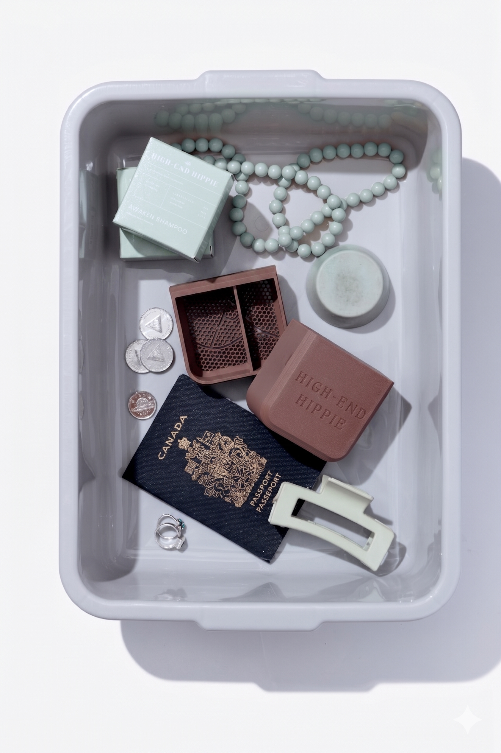 High-End Hippie 2-in-1 shower and travel case for shampoo and conditioner bars, made in Canada from plant-based materials