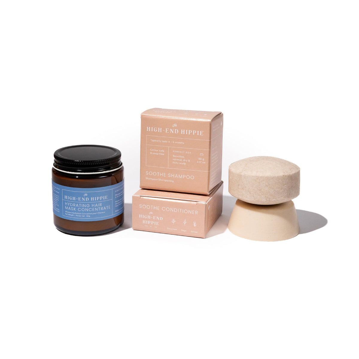 The High End Hippie Soothe Shampoo and Conditioner Bars for dry, itchy and sensitive scalps, paired with Hydrating Hair Mask Concentrate. Gentle solid hair care set with nourishing conditioning treatment.